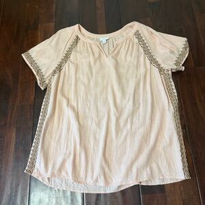 J Jill Light Peach Short Sleeve Embroidered Top Women’s Size Large Linen Blend